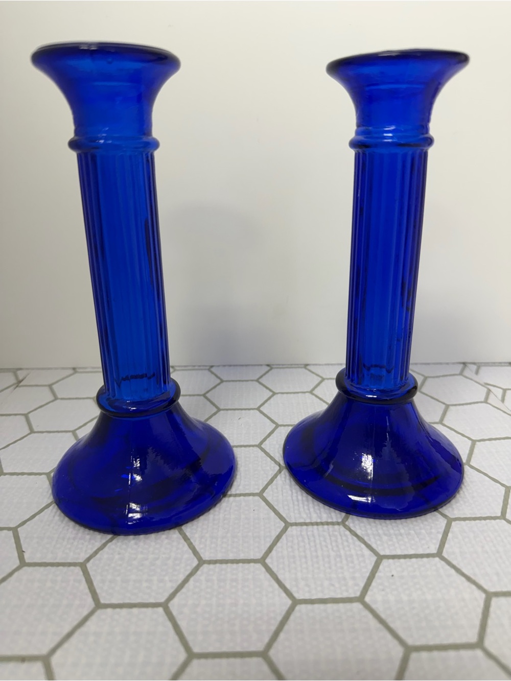Canterbury Pressed Cobalt Blue Glass Taper Candle Holders Pair